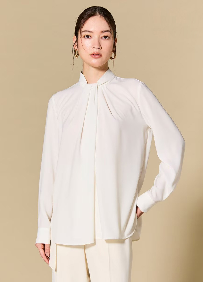 喬其紗扭結立領長袖襯衫